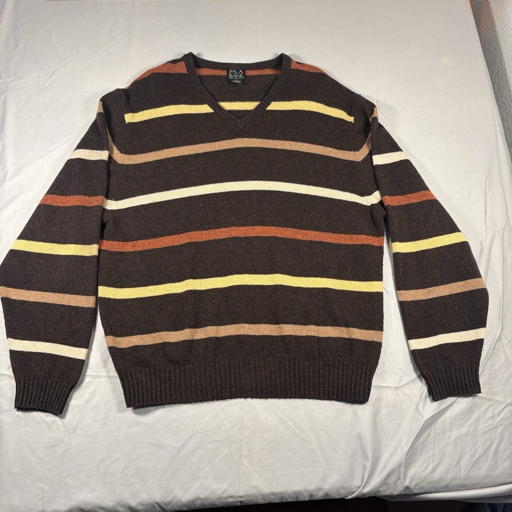 Jos A Bank 80% Lambswool Sweater Mens XL Brown Stripe V Neck Grandpa Core Preppy - Picture 3 of 8